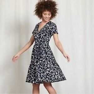 Boden Navy and White Floral Wrap Midi Dress